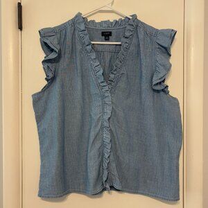 J. Crew Womens Blue Chambray Button-Front Sleeveless Ruffle Shirt Top Blouse XXL